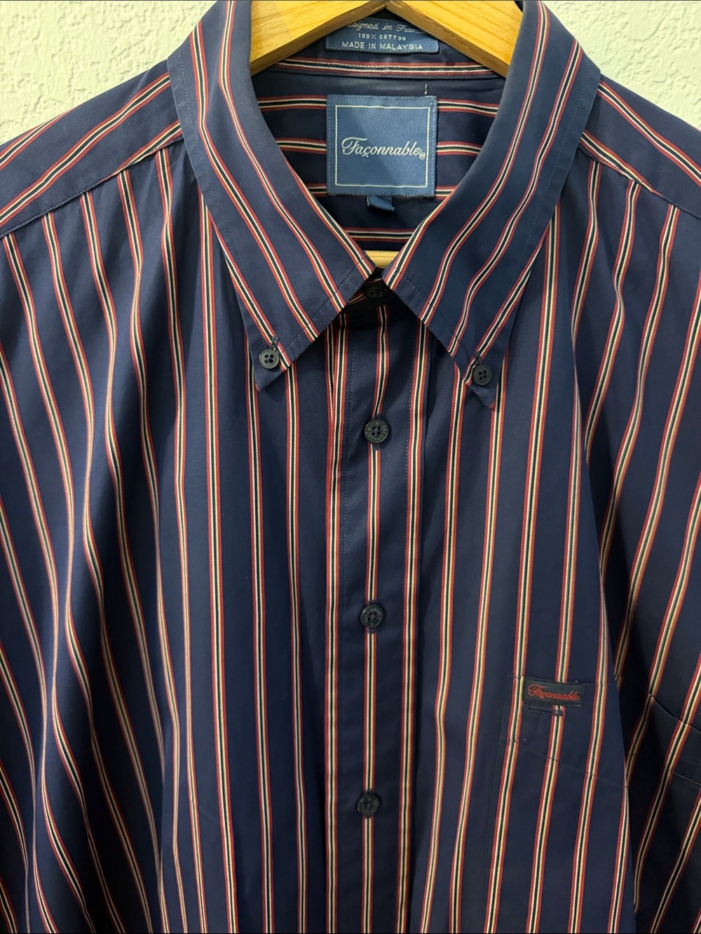 Faconnable Navy Striped Cotton Shirt with Red & White Accents